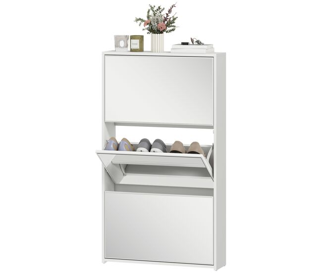Zapatero entrada recibidor con 3 puertas con espejo estrecho para 9 pares 65x17x114,5 cm blanco