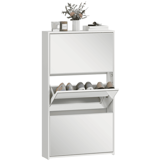Sapateira pararedor com 3 portas e espelho, sapateira estreita para 9 pares de sapatos, 65x17x114,5 cm, branca Sapateira pararedor com 3 portas e espelho, sapateira estreita para 9 pares de sapatos, 65x17x114,5 cm, branca
