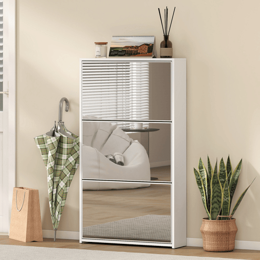 Sapateira pararedor com 3 portas e espelho, sapateira estreita para 9 pares de sapatos, 65x17x114,5 cm, branca Sapateira pararedor com 3 portas e espelho, sapateira estreita para 9 pares de sapatos, 65x17x114,5 cm, branca