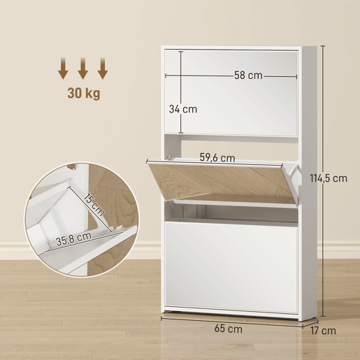 Sapateira pararedor com 3 portas e espelho, sapateira estreita para 9 pares de sapatos, 65x17x114,5 cm, branca Sapateira pararedor com 3 portas e espelho, sapateira estreita para 9 pares de sapatos, 65x17x114,5 cm, branca
