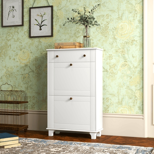 Sapateira branca, estreita, com 2 portas de abrir e 1 gaveta para 8 pares de sapatos, 60x23,5x98,5 cm