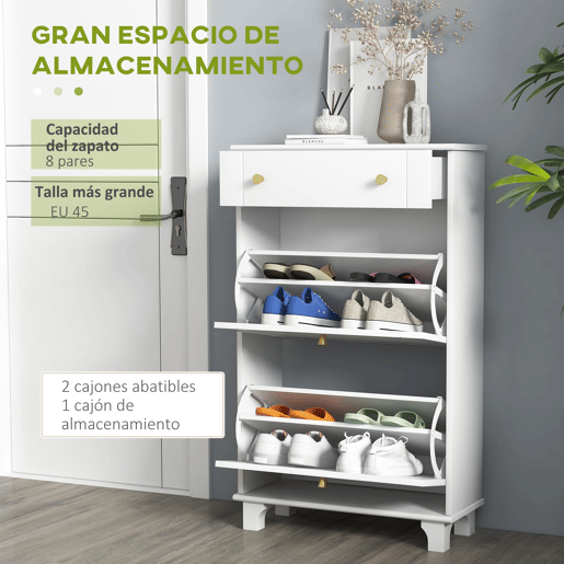 Sapateira branca, estreita, com 2 portas de abrir e 1 gaveta para 8 pares de sapatos, 60x23,5x98,5 cm
