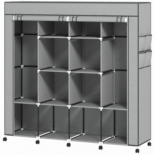 HOMCOM Armário de Tecido com Rodas, Guarda-Fatos Portátil com 2 Barras para Pendurar, 10 Compartimentos, Fecho de Correr, Estrutura de Aço, para Quarto, Espaço Pequeno, 166x42,5x167 cm, Cinzento Escuro HOMCOM Armário de Tecido com Rodas, Guarda-Fatos Portátil com 2 Barras para Pendurar, 10 Compartimentos, Fecho de Correr, Estrutura de Aço, para Quarto, Espaço Pequeno, 166x42,5x167 cm, Cinzento Escuro