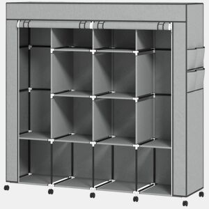 HOMCOM Armário de Tecido com Rodas, Guarda-Fatos Portátil com 2 Barras para Pendurar, 10 Compartimentos, Fecho de Correr, Estrutura de Aço, para Quarto, Espaço Pequeno, 166x42,5x167 cm, Cinzento Escuro