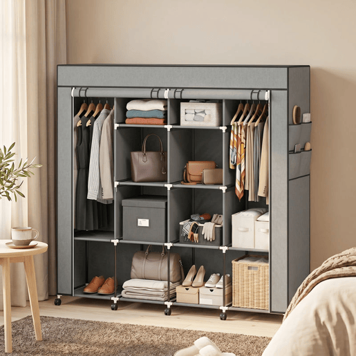 HOMCOM Armário de Tecido com Rodas, Guarda-Fatos Portátil com 2 Barras para Pendurar, 10 Compartimentos, Fecho de Correr, Estrutura de Aço, para Quarto, Espaço Pequeno, 166x42,5x167 cm, Cinzento Escuro HOMCOM Armário de Tecido com Rodas, Guarda-Fatos Portátil com 2 Barras para Pendurar, 10 Compartimentos, Fecho de Correr, Estrutura de Aço, para Quarto, Espaço Pequeno, 166x42,5x167 cm, Cinzento Escuro