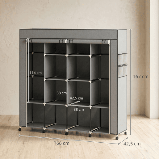 HOMCOM Armário de Tecido com Rodas, Guarda-Fatos Portátil com 2 Barras para Pendurar, 10 Compartimentos, Fecho de Correr, Estrutura de Aço, para Quarto, Espaço Pequeno, 166x42,5x167 cm, Cinzento Escuro HOMCOM Armário de Tecido com Rodas, Guarda-Fatos Portátil com 2 Barras para Pendurar, 10 Compartimentos, Fecho de Correr, Estrutura de Aço, para Quarto, Espaço Pequeno, 166x42,5x167 cm, Cinzento Escuro