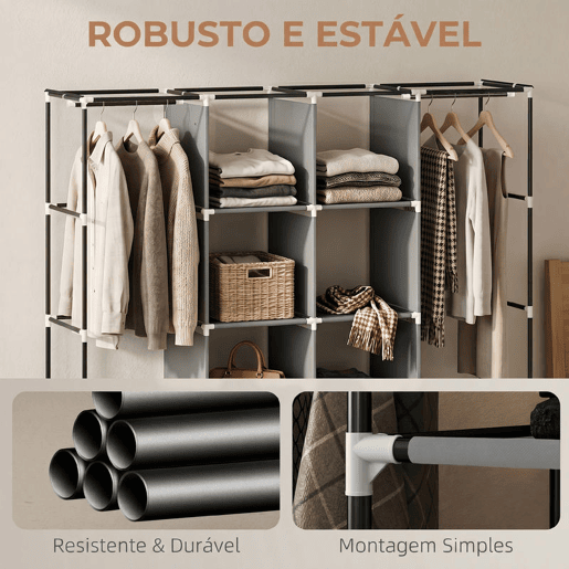 HOMCOM Armário de Tecido com Rodas, Guarda-Fatos Portátil com 2 Barras para Pendurar, 10 Compartimentos, Fecho de Correr, Estrutura de Aço, para Quarto, Espaço Pequeno, 166x42,5x167 cm, Cinzento Escuro HOMCOM Armário de Tecido com Rodas, Guarda-Fatos Portátil com 2 Barras para Pendurar, 10 Compartimentos, Fecho de Correr, Estrutura de Aço, para Quarto, Espaço Pequeno, 166x42,5x167 cm, Cinzento Escuro