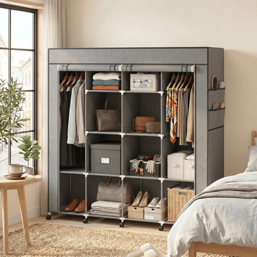 HOMCOM Armário de Tecido com Rodas, Guarda-Fatos Portátil com 2 Barras para Pendurar, 10 Compartimentos, Fecho de Correr, Estrutura de Aço, para Quarto, Espaço Pequeno, 166x42,5x167 cm, Cinzento Escuro HOMCOM Armário de Tecido com Rodas, Guarda-Fatos Portátil com 2 Barras para Pendurar, 10 Compartimentos, Fecho de Correr, Estrutura de Aço, para Quarto, Espaço Pequeno, 166x42,5x167 cm, Cinzento Escuro