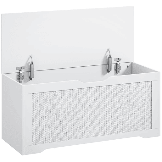 HOMCOM Baú de Arrumação 108L, Banco com Painel de Ratã, Tampa Elevatória e Suporte, Design Sem Puxadores, para Entrada, Corredor, Quarto, Sala, 80x40x45cm, Branco HOMCOM Baú de Arrumação 108L, Banco com Painel de Ratã, Tampa Elevatória e Suporte, Design Sem Puxadores, para Entrada, Corredor, Quarto, Sala, 80x40x45cm, Branco