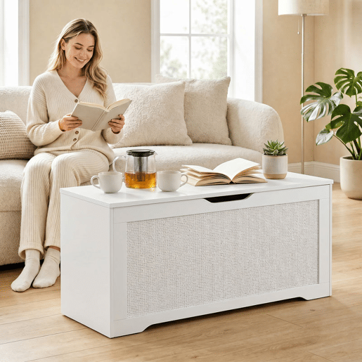 HOMCOM Baú de Arrumação 108L, Banco com Painel de Ratã, Tampa Elevatória e Suporte, Design Sem Puxadores, para Entrada, Corredor, Quarto, Sala, 80x40x45cm, Branco HOMCOM Baú de Arrumação 108L, Banco com Painel de Ratã, Tampa Elevatória e Suporte, Design Sem Puxadores, para Entrada, Corredor, Quarto, Sala, 80x40x45cm, Branco