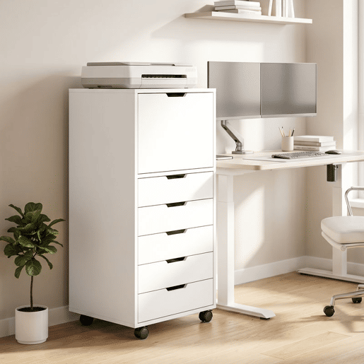 HOMCOM Gaveteira de Escritório com 5 Gavetas, Armário com Rodas e Fecho Suave, Suporte para Impressora, Móvel de Arquivo para Casa, Branco HOMCOM Gaveteira de Escritório com 5 Gavetas, Armário com Rodas e Fecho Suave, Suporte para Impressora, Móvel de Arquivo para Casa, Branco