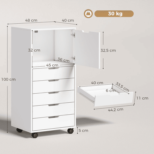 HOMCOM Gaveteira de Escritório com 5 Gavetas, Armário com Rodas e Fecho Suave, Suporte para Impressora, Móvel de Arquivo para Casa, Branco HOMCOM Gaveteira de Escritório com 5 Gavetas, Armário com Rodas e Fecho Suave, Suporte para Impressora, Móvel de Arquivo para Casa, Branco