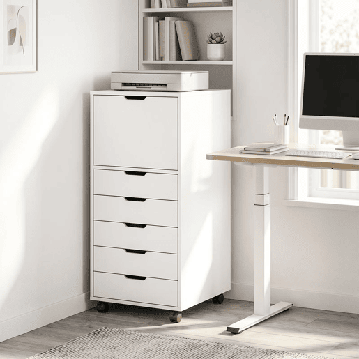 HOMCOM Gaveteira de Escritório com 5 Gavetas, Armário com Rodas e Fecho Suave, Suporte para Impressora, Móvel de Arquivo para Casa, Branco HOMCOM Gaveteira de Escritório com 5 Gavetas, Armário com Rodas e Fecho Suave, Suporte para Impressora, Móvel de Arquivo para Casa, Branco
