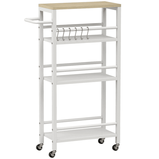 HOMCOM Carrinho Auxiliar com Rodas 4 Níveis, Carrinho de Cozinha com Toalheiro e 6 Ganchos, Estreito para Espaços Pequenos, Legumes, Frutas, para Sala de Jantar, 50x20x81 cm, Carvalho