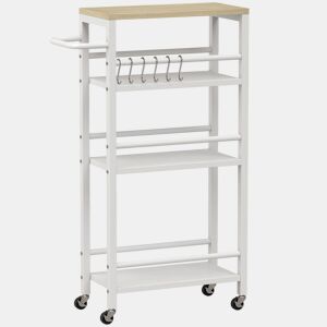 HOMCOM Carrinho Auxiliar com Rodas 4 Níveis, Carrinho de Cozinha com Toalheiro e 6 Ganchos, Estreito para Espaços Pequenos, Legumes, Frutas, para Sala de Jantar, 50x20x81 cm, Carvalho