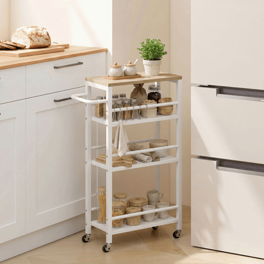 HOMCOM Carrinho Auxiliar com Rodas 4 Níveis, Carrinho de Cozinha com Toalheiro e 6 Ganchos, Estreito para Espaços Pequenos, Legumes, Frutas, para Sala de Jantar, 50x20x81 cm, Carvalho