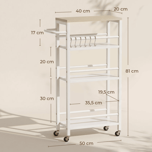 HOMCOM Carrinho Auxiliar com Rodas 4 Níveis, Carrinho de Cozinha com Toalheiro e 6 Ganchos, Estreito para Espaços Pequenos, Legumes, Frutas, para Sala de Jantar, 50x20x81 cm, Carvalho