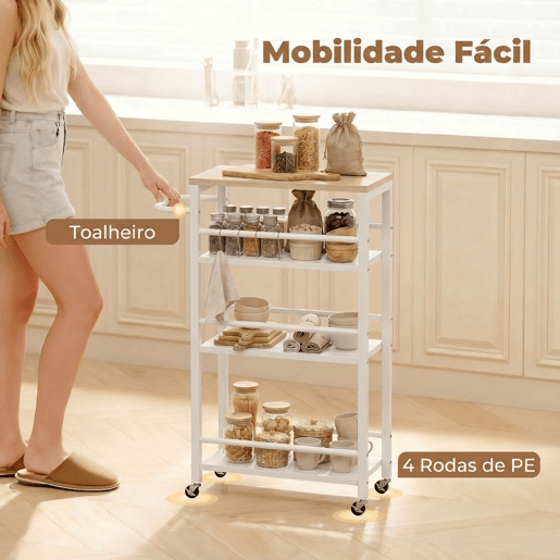 HOMCOM Carrinho Auxiliar com Rodas 4 Níveis, Carrinho de Cozinha com Toalheiro e 6 Ganchos, Estreito para Espaços Pequenos, Legumes, Frutas, para Sala de Jantar, 50x20x81 cm, Carvalho
