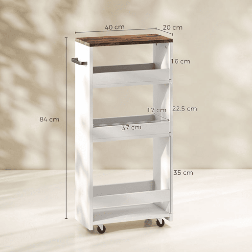 HOMCOM Carrinho de Cozinha Estreito com 3 Níveis, Rodas e Pega Lateral, Ideal para Espaços Reduzidos, Sala de Jantar ou Sala, 40x20x84 cm, Branco HOMCOM Carrinho de Cozinha Estreito com 3 Níveis, Rodas e Pega Lateral, Ideal para Espaços Reduzidos, Sala de Jantar ou Sala, 40x20x84 cm, Branco