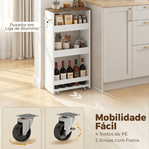HOMCOM Carrinho de Cozinha Estreito com 3 Níveis, Rodas e Pega Lateral, Ideal para Espaços Reduzidos, Sala de Jantar ou Sala, 40x20x84 cm, Branco HOMCOM Carrinho de Cozinha Estreito com 3 Níveis, Rodas e Pega Lateral, Ideal para Espaços Reduzidos, Sala de Jantar ou Sala, 40x20x84 cm, Branco