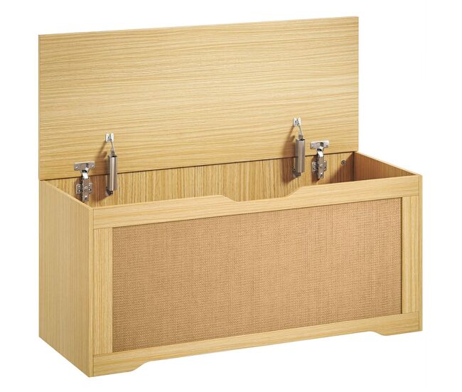 Homcom baúl de almacenaje 136l, banco de almacenaje con panel de ratán, tapa elevable, brazos de soporte, diseño sin tiradores, para recibidor, pasillo, dormitorio, salón, 100x40x45 cm, roble