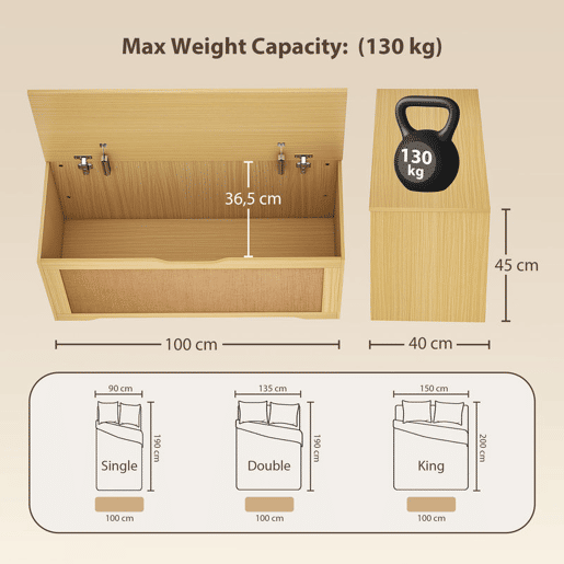 HOMCOM Baú de Arrumação 136L, Banco com Painel em Ratã, Tampa Elevatória e Braços de Suporte, Design Sem Puxadores, para Entrada, Corredor, Quarto, Sala, 100x40x45 cm, Carvalho