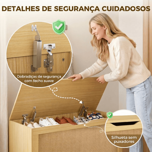 HOMCOM Baú de Arrumação 136L, Banco com Painel em Ratã, Tampa Elevatória e Braços de Suporte, Design Sem Puxadores, para Entrada, Corredor, Quarto, Sala, 100x40x45 cm, Carvalho