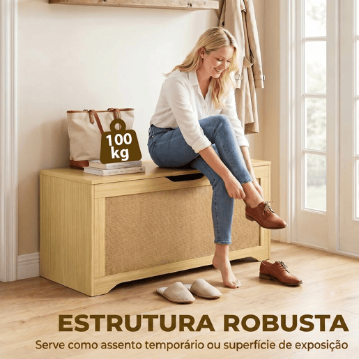 HOMCOM Baú de Arrumação 136L, Banco com Painel em Ratã, Tampa Elevatória e Braços de Suporte, Design Sem Puxadores, para Entrada, Corredor, Quarto, Sala, 100x40x45 cm, Carvalho