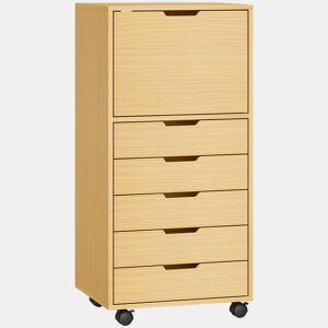 HOMCOM Gaveteira de Escritório com 5 Gavetas, Armário com Rodas e Fecho Suave, Suporte para Impressora, Arquivo para Home Office, Madeira Natural