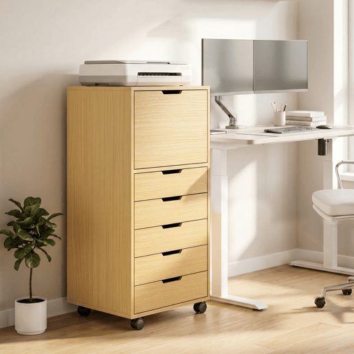 HOMCOM Gaveteira de Escritório com 5 Gavetas, Armário com Rodas e Fecho Suave, Suporte para Impressora, Arquivo para Home Office, Madeira Natural HOMCOM Gaveteira de Escritório com 5 Gavetas, Armário com Rodas e Fecho Suave, Suporte para Impressora, Arquivo para Home Office, Madeira Natural