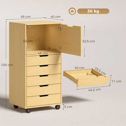 HOMCOM Gaveteira de Escritório com 5 Gavetas, Armário com Rodas e Fecho Suave, Suporte para Impressora, Arquivo para Home Office, Madeira Natural HOMCOM Gaveteira de Escritório com 5 Gavetas, Armário com Rodas e Fecho Suave, Suporte para Impressora, Arquivo para Home Office, Madeira Natural