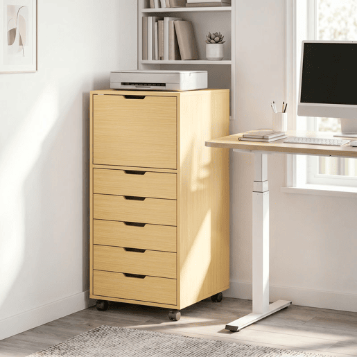 HOMCOM Gaveteira de Escritório com 5 Gavetas, Armário com Rodas e Fecho Suave, Suporte para Impressora, Arquivo para Home Office, Madeira Natural HOMCOM Gaveteira de Escritório com 5 Gavetas, Armário com Rodas e Fecho Suave, Suporte para Impressora, Arquivo para Home Office, Madeira Natural