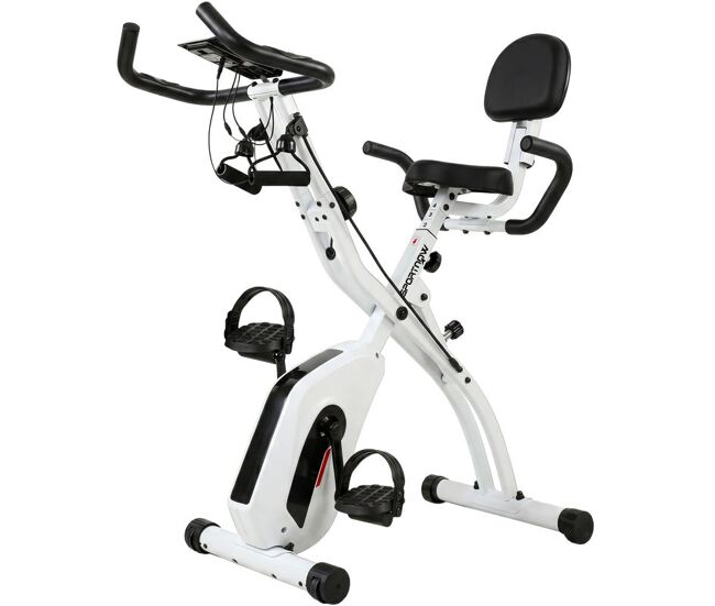 Sportnow bicicleta estática plegable 4 en 1 con respaldo y 8 niveles resistencia magnética bicicleta estática casa ajustable app bluetooth monitor lcd volante bandas sensor pulso soporte móvil blanco