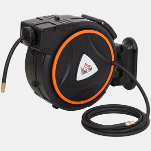 HOMCOM Enrolador Automático de Mangueira de Ar Comprimido 20 m+2 m, Conector 14'' BSP, Com Suporte Giratório 180° para Parede, Preto