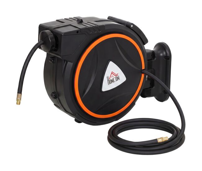 Homcom carrete de manguera de aire comprimido automático de 20 m+2 m, conector de 1/4'' bsp, manguera compresor aire con soporte para pared giratorio 180°, negro
