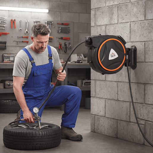 HOMCOM Enrolador Automático de Mangueira de Ar Comprimido 20 m+2 m, Conector 14'' BSP, Com Suporte Giratório 180° para Parede, Preto HOMCOM Enrolador Automático de Mangueira de Ar Comprimido 20 m+2 m, Conector 14'' BSP, Com Suporte Giratório 180° para Parede, Preto