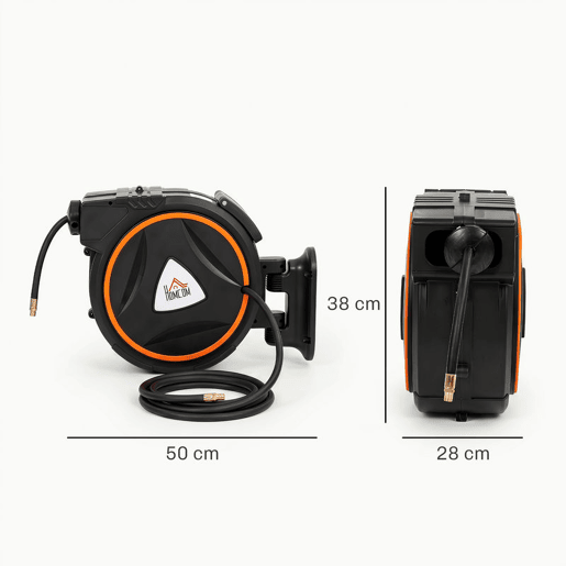 HOMCOM Enrolador Automático de Mangueira de Ar Comprimido 20 m+2 m, Conector 14'' BSP, Com Suporte Giratório 180° para Parede, Preto HOMCOM Enrolador Automático de Mangueira de Ar Comprimido 20 m+2 m, Conector 14'' BSP, Com Suporte Giratório 180° para Parede, Preto