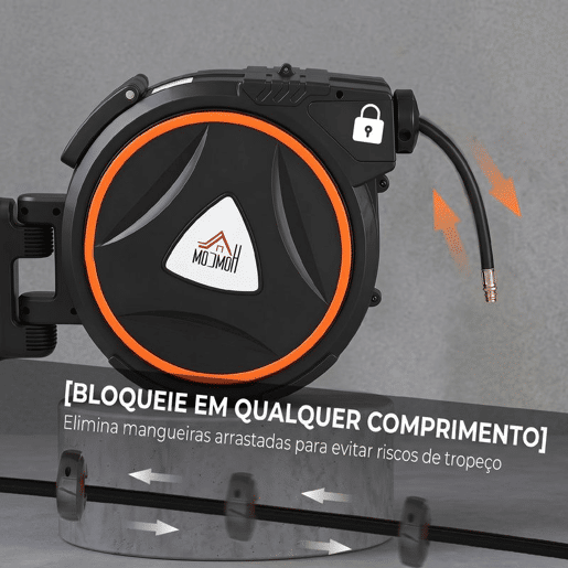 HOMCOM Enrolador Automático de Mangueira de Ar Comprimido 20 m+2 m, Conector 14'' BSP, Com Suporte Giratório 180° para Parede, Preto HOMCOM Enrolador Automático de Mangueira de Ar Comprimido 20 m+2 m, Conector 14'' BSP, Com Suporte Giratório 180° para Parede, Preto
