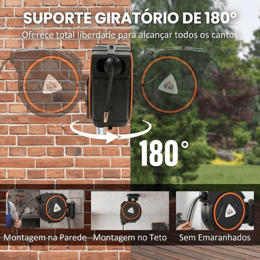HOMCOM Enrolador Automático de Mangueira de Ar Comprimido 20 m+2 m, Conector 14'' BSP, Com Suporte Giratório 180° para Parede, Preto HOMCOM Enrolador Automático de Mangueira de Ar Comprimido 20 m+2 m, Conector 14'' BSP, Com Suporte Giratório 180° para Parede, Preto