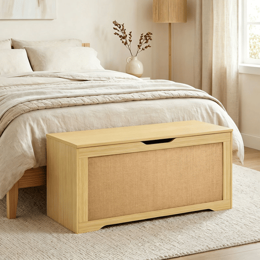 HOMCOM Baú de Arrumação 108L, Banco com Painel de Ratã, Tampa Elevatória, Braços de Apoio, Design Sem Puxadores, para Entrada, Hall, Quarto, Sala, 80x40x45 cm, Carvalho