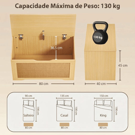 HOMCOM Baú de Arrumação 108L, Banco com Painel de Ratã, Tampa Elevatória, Braços de Apoio, Design Sem Puxadores, para Entrada, Hall, Quarto, Sala, 80x40x45 cm, Carvalho