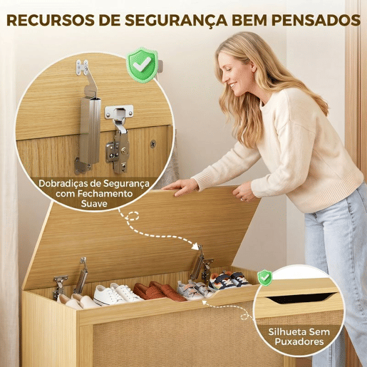 HOMCOM Baú de Arrumação 108L, Banco com Painel de Ratã, Tampa Elevatória, Braços de Apoio, Design Sem Puxadores, para Entrada, Hall, Quarto, Sala, 80x40x45 cm, Carvalho