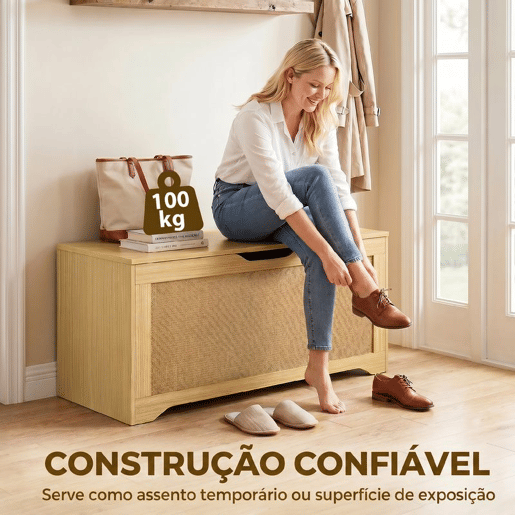 HOMCOM Baú de Arrumação 108L, Banco com Painel de Ratã, Tampa Elevatória, Braços de Apoio, Design Sem Puxadores, para Entrada, Hall, Quarto, Sala, 80x40x45 cm, Carvalho