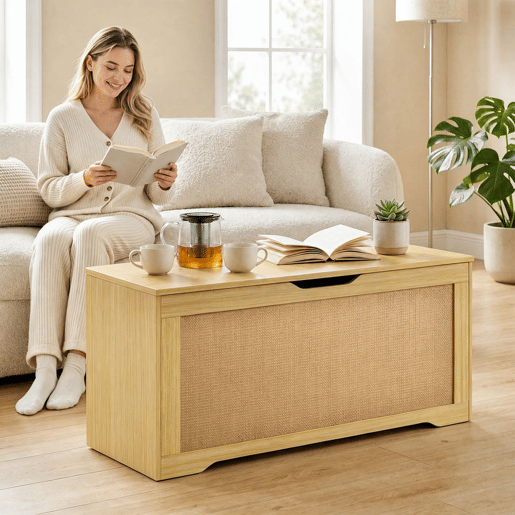 HOMCOM Baú de Arrumação 108L, Banco com Painel de Ratã, Tampa Elevatória, Braços de Apoio, Design Sem Puxadores, para Entrada, Hall, Quarto, Sala, 80x40x45 cm, Carvalho