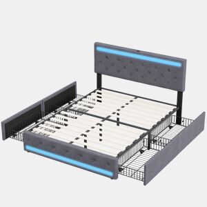 Shopentra Cama estofada 160x200 cm com LED RGB, USB, cabeceira acolchoada e 4 gavetas metálicas, tecido cinza
