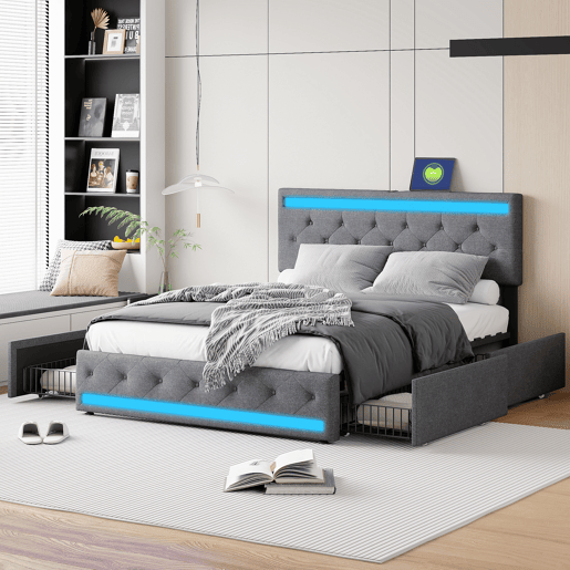 Shopentra Cama estofada 160x200 cm com LED RGB, USB, cabeceira acolchoada e 4 gavetas metálicas, tecido cinza
