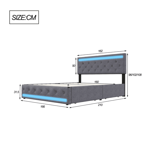 Shopentra Cama estofada 160x200 cm com LED RGB, USB, cabeceira acolchoada e 4 gavetas metálicas, tecido cinza