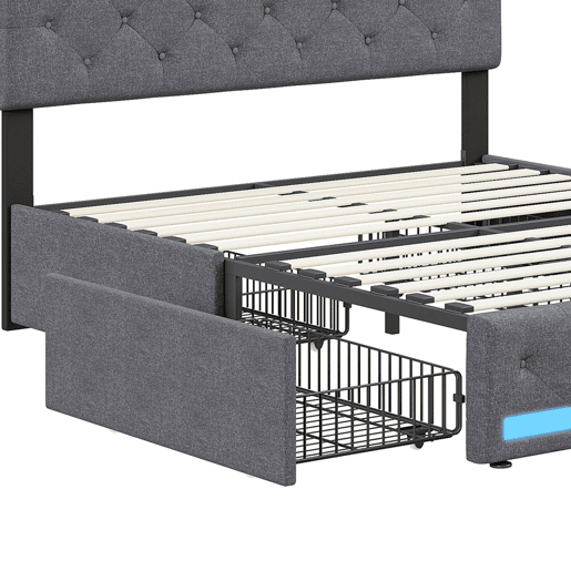 Shopentra Cama estofada 160x200 cm com LED RGB, USB, cabeceira acolchoada e 4 gavetas metálicas, tecido cinza