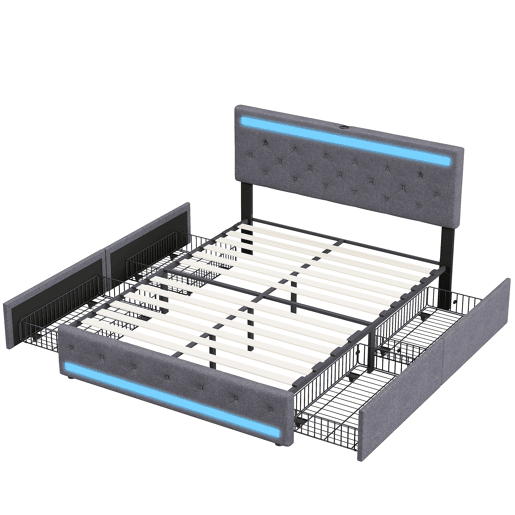 Shopentra Cama estofada 140x190 cm com LED RGB, USB, cabeceira acolchoada e 4 gavetas metálicas, tecido cinza