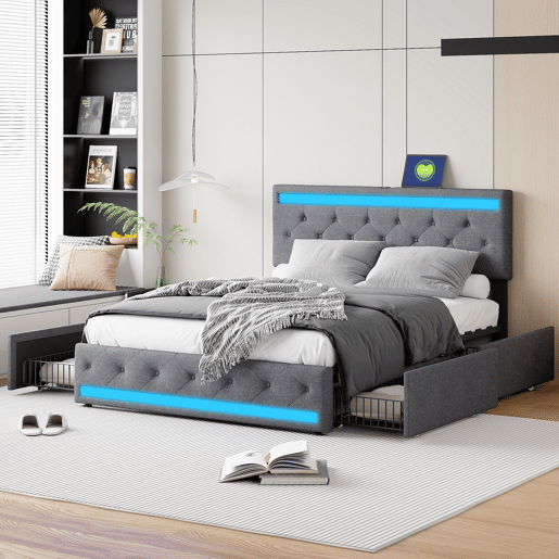 Shopentra Cama estofada 140x190 cm com LED RGB, USB, cabeceira acolchoada e 4 gavetas metálicas, tecido cinza